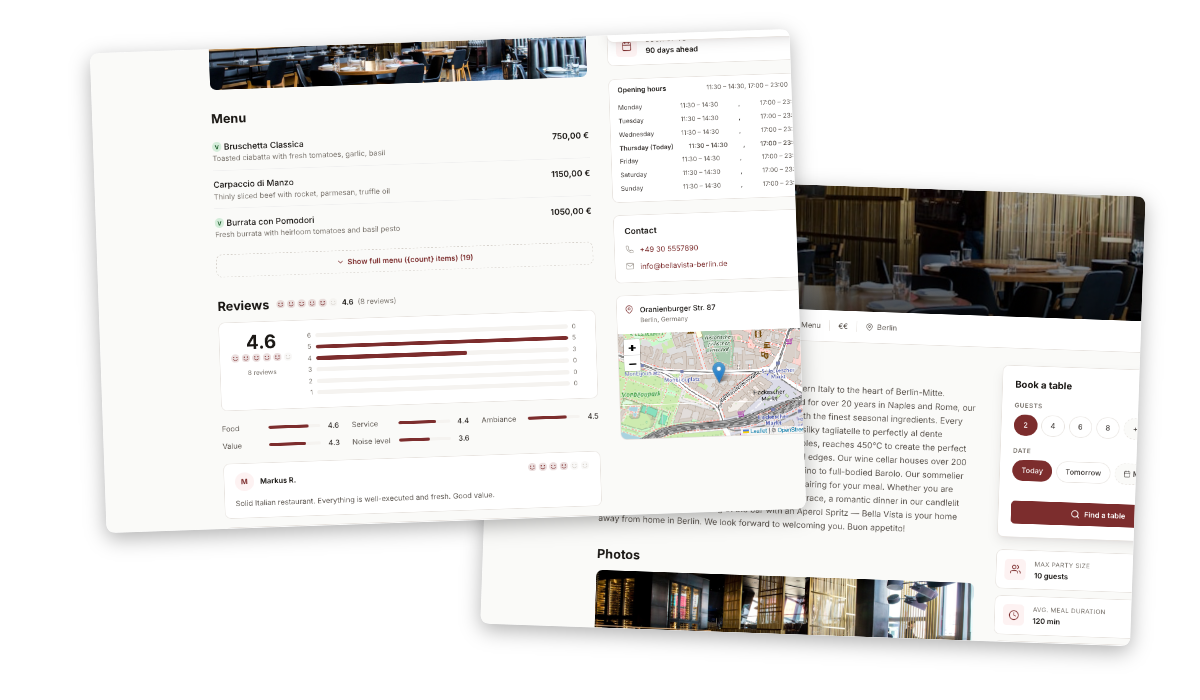 Tavooli restaurant page with menu, photos, and integrated booking