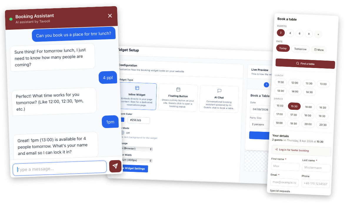 Tavooli booking widget and AI chat
